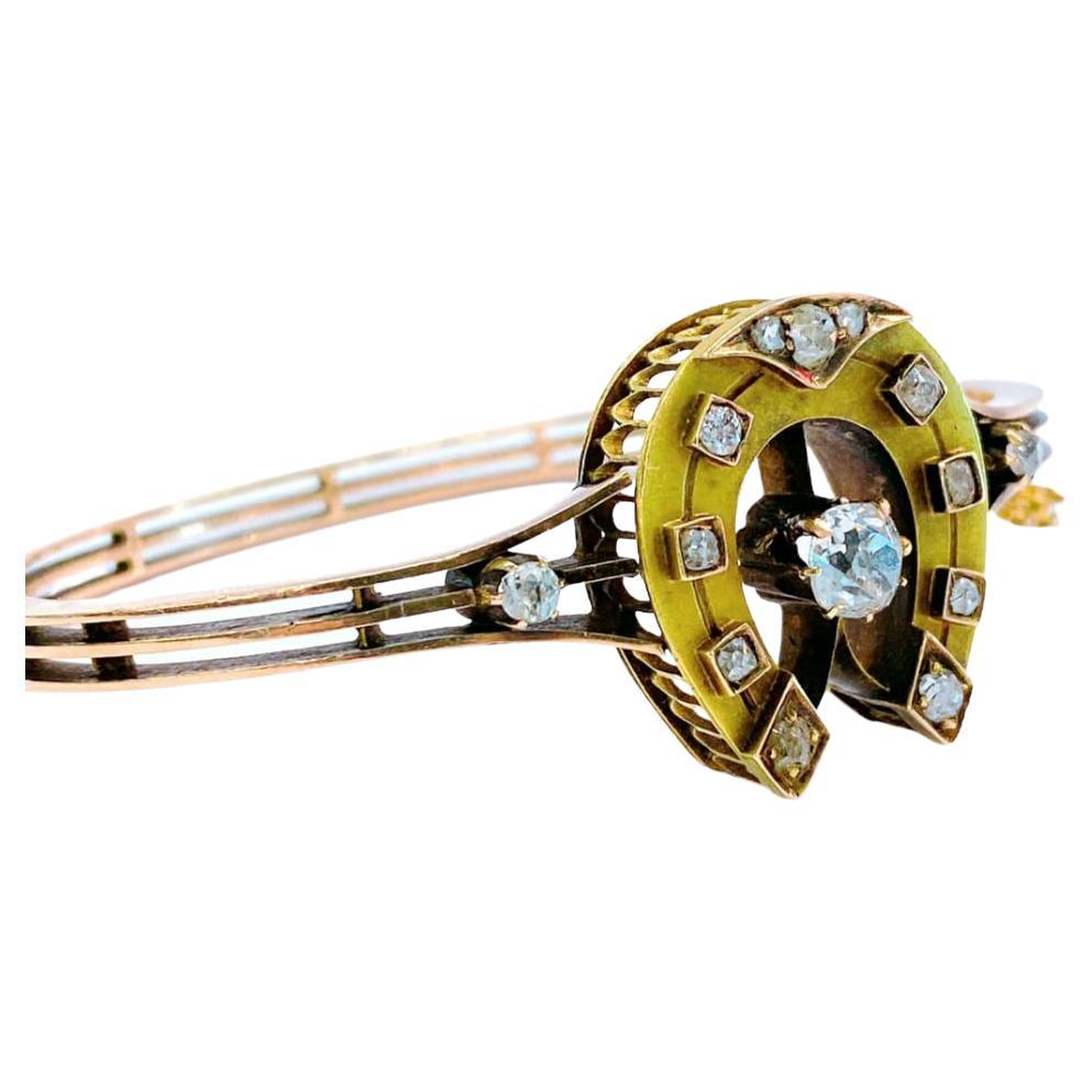 Antique 1880s Diamond Horseshoe Russian Gold Bangle Bracelet For Sale
