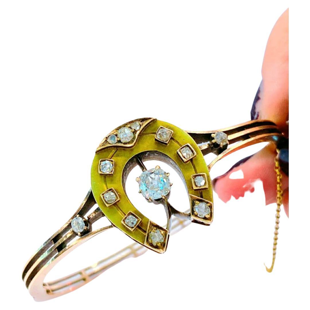 Antique 1880s Diamond Horseshoe Russian Gold Bangle Bracelet For Sale 2
