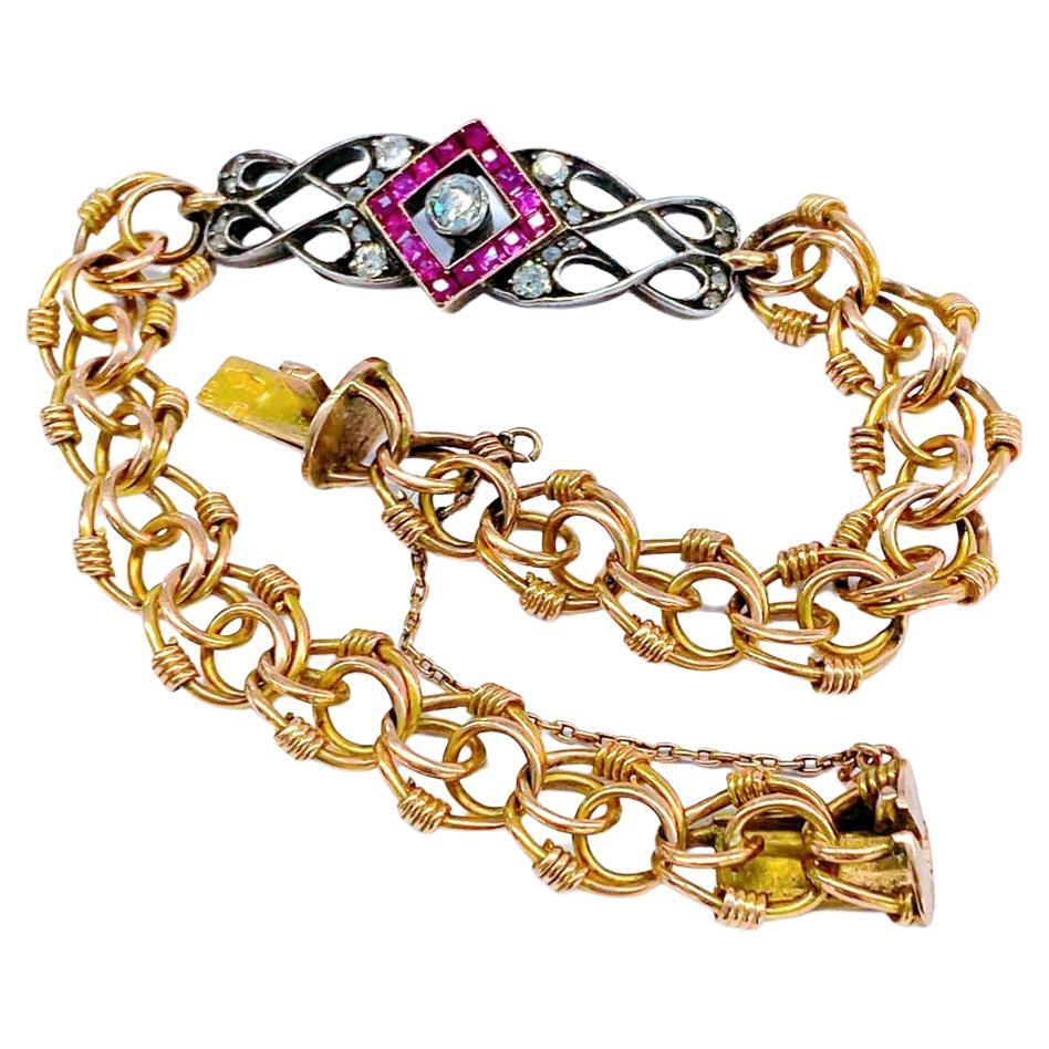 Antikes russisches Gliederarmband aus Gold mit Rubin und Diamanten Damen im Angebot