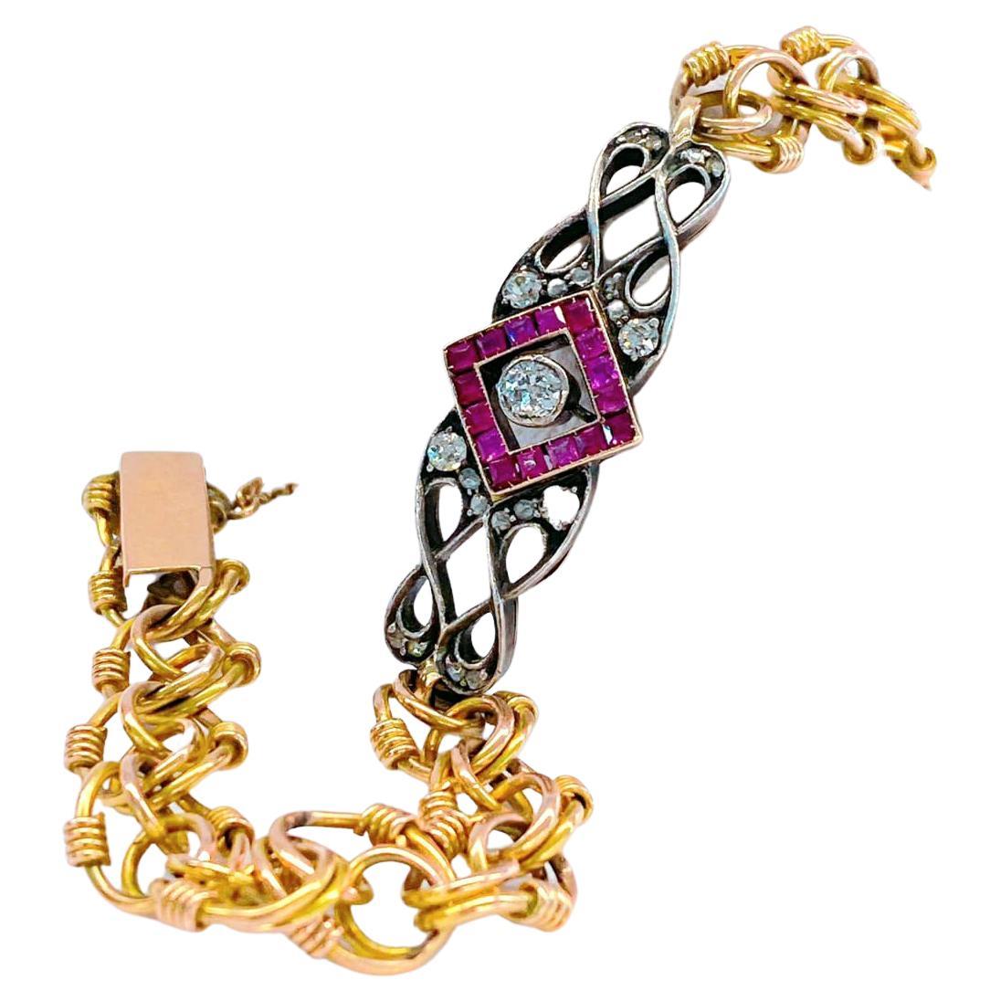 Antique Ruby And Diamond Russian Gold Link Bracelet