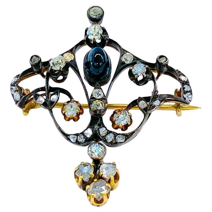 Antique Diamond And sapphire Russian Gold Brooch  For Sale