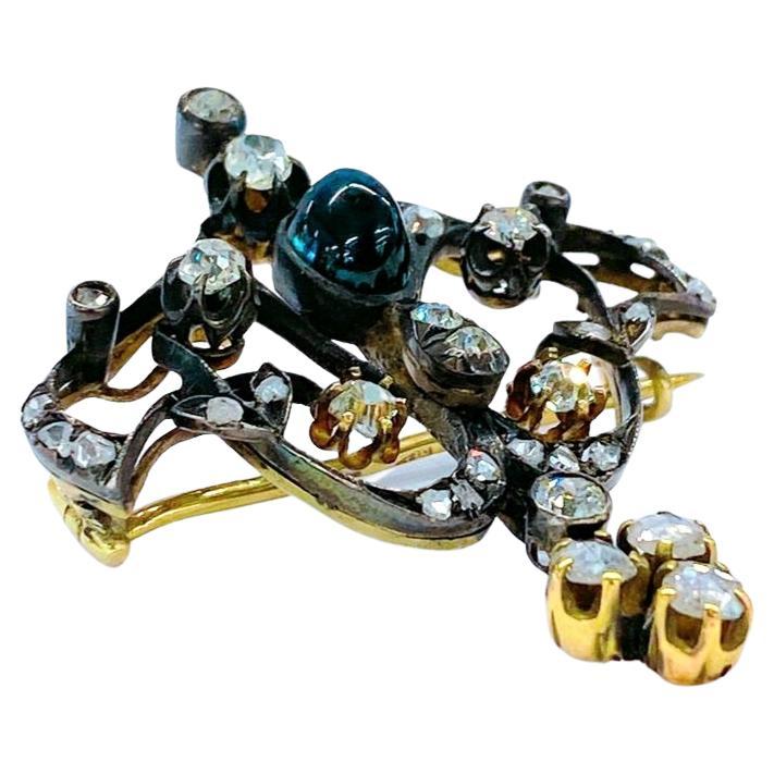 Old Mine Cut Antique Diamond And sapphire Russian Gold Brooch  For Sale