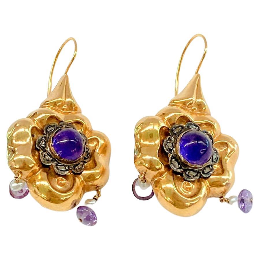 Antique Amethyst And Diamond Gold Earrings