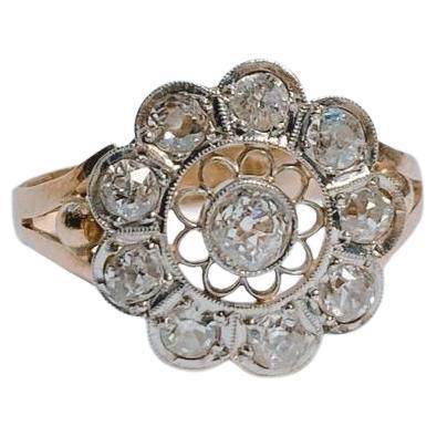 Antique Old Mine Cut Diamond Floral Russian Gold Ring For Sale