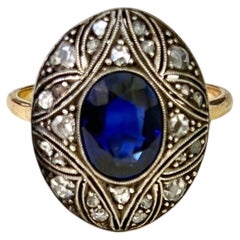 Antique 18k Gold Royal Blue Sapphire Ring with Diamonds Circa 1920s