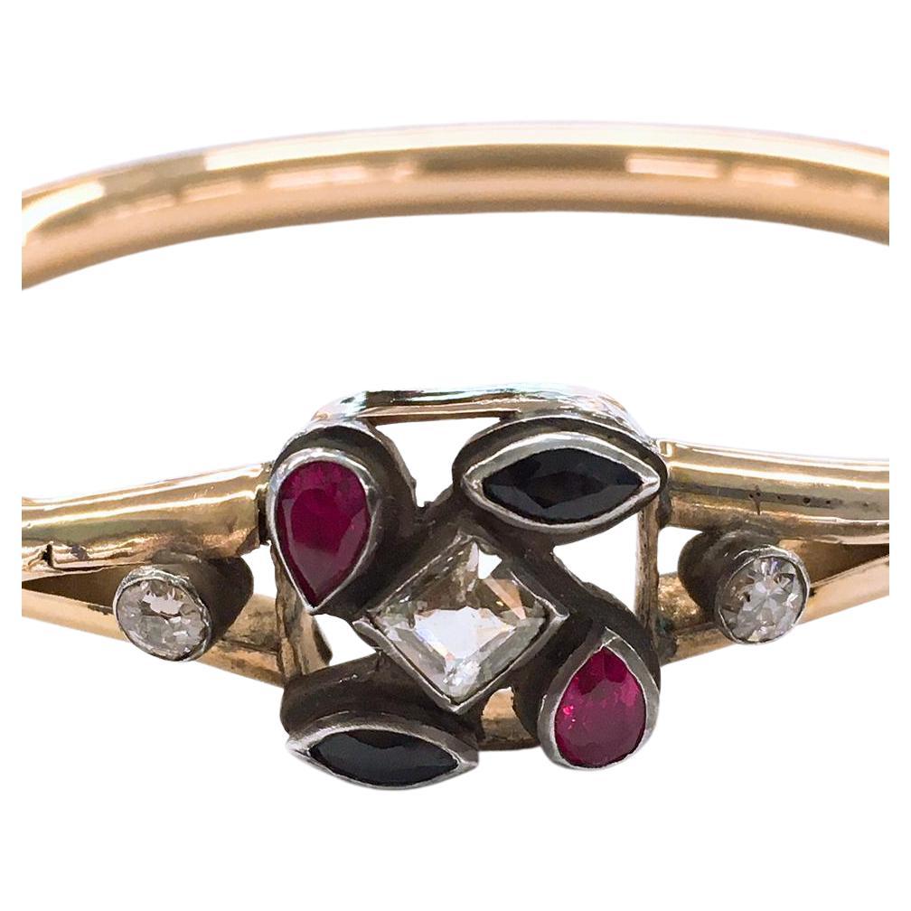 Antique 1880s Diamond Sapphier Ruby Gold Russian Bangle Bracelet For Sale