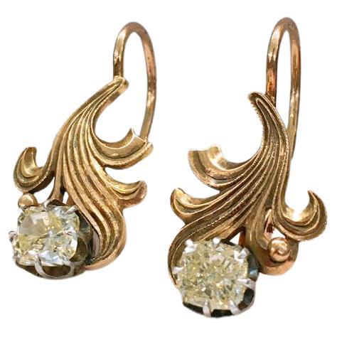 Antique Cushion Cut Diamond Gold Earrings For Sale