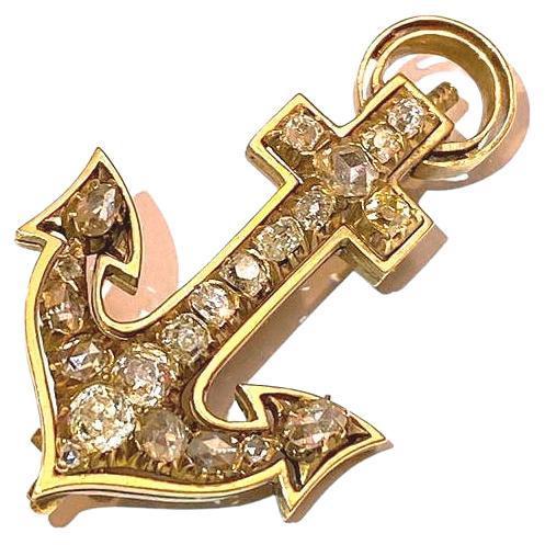 Antique Old Mine Cut Diamond Anchor Gold Brooch For Sale