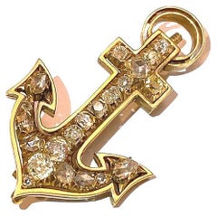 Antique Old Mine Cut Diamond Anchor Gold Brooch