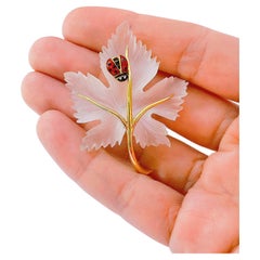 “Vintage 14k Gold Rock Crystal Leaf Brooch with Enamel Ladybird, 1940s”