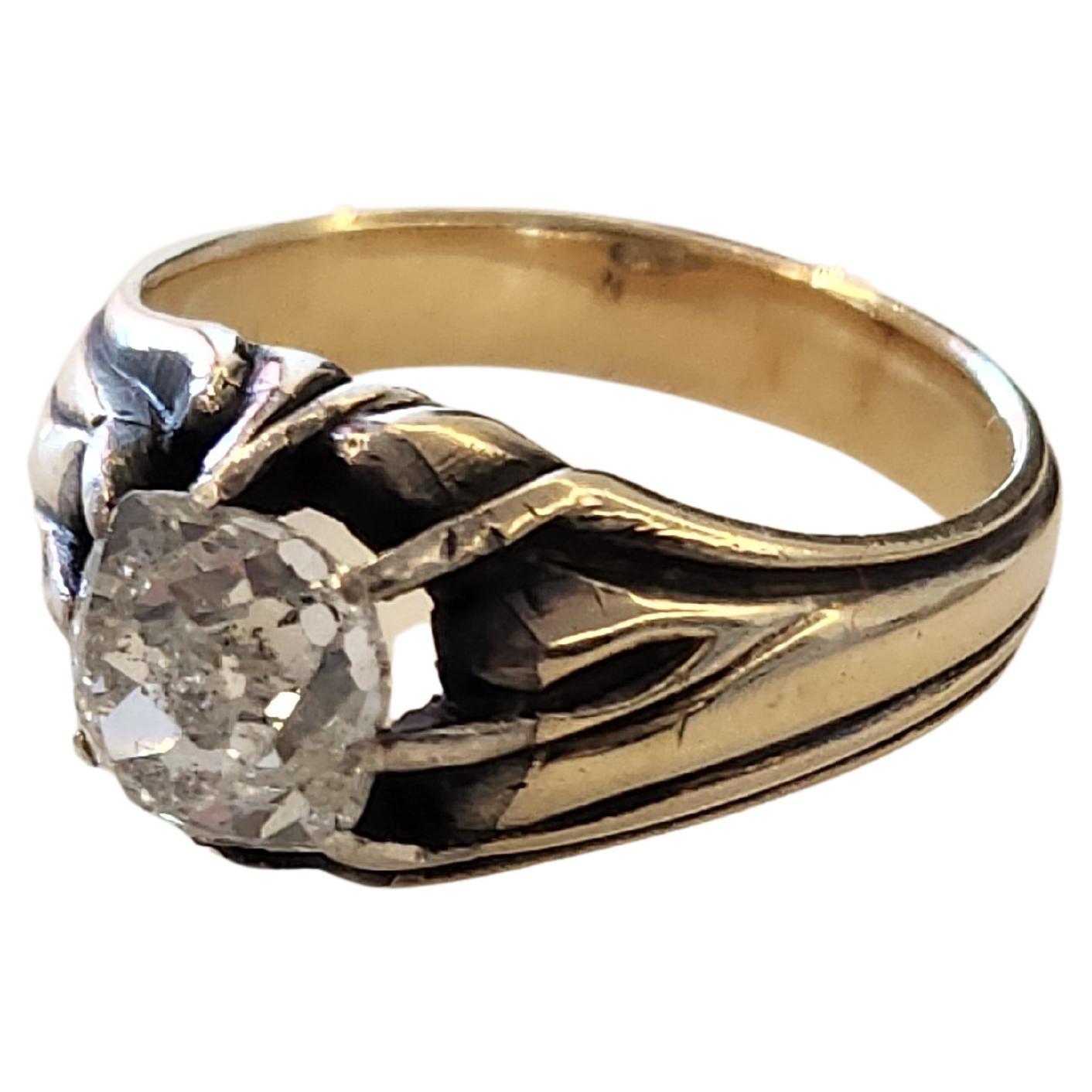 Antique Old Mine Cut Diamond Russian Gold Solitaire Ring For Sale 2
