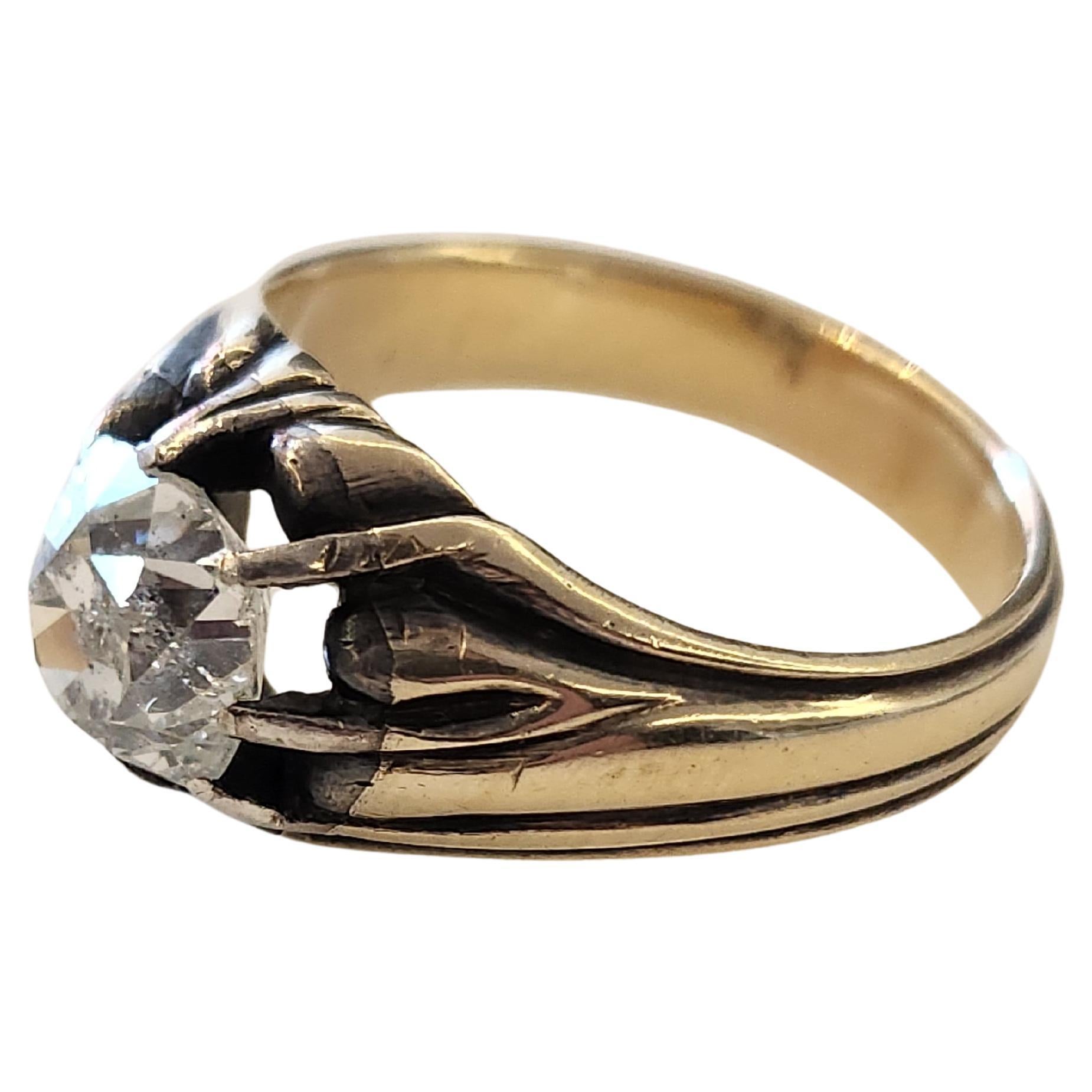 Antique 14k Russian old mine cut diamond ring in solitaire style with detailed artnovo work style centered with 1 old mine cut diamond with an estimate diamond weight of 1.50 carat diameter 7.50mm H color wth several inclusions included that can be