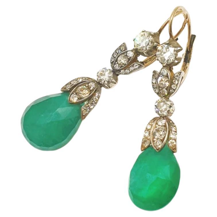 Antique Emerald And Old Mine Cut Diamond Gold Dangling Earrings For Sale
