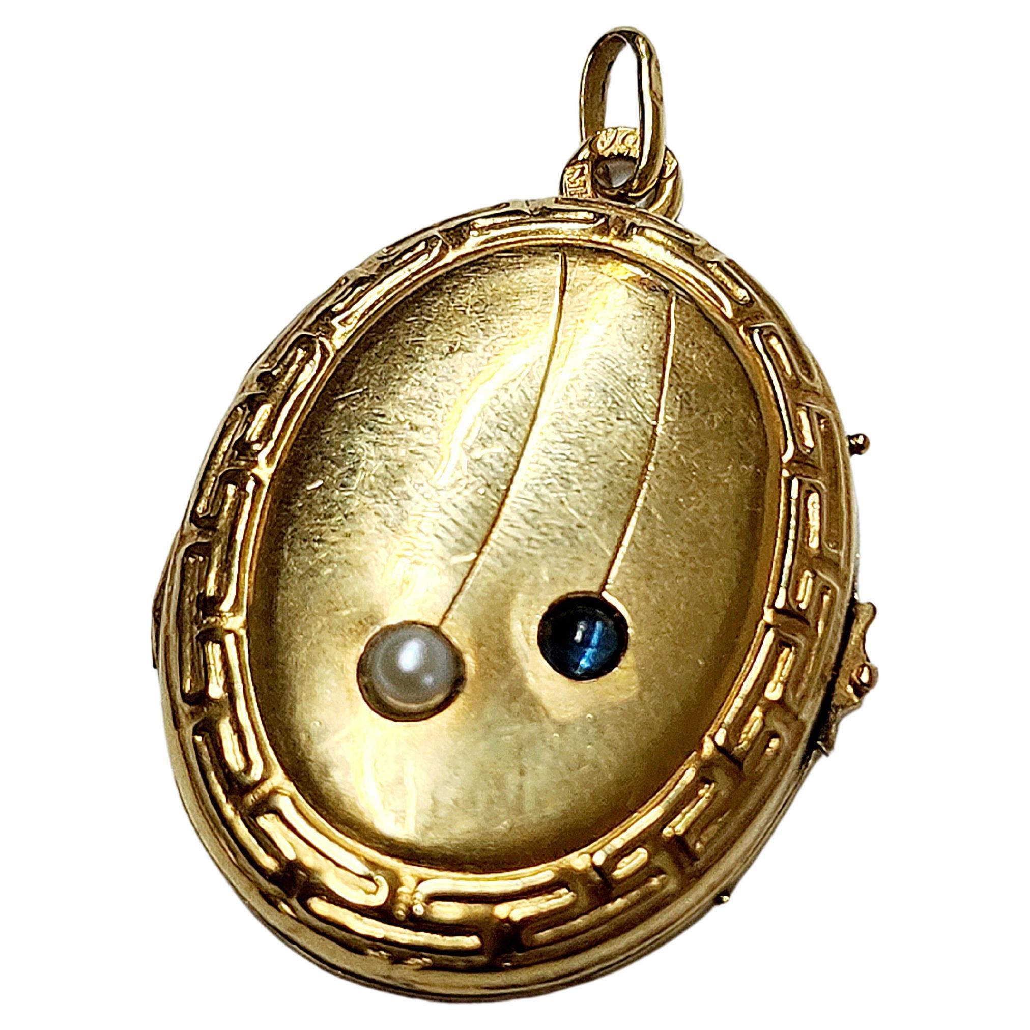 Antikes russisches Medaillon-Anhänger aus Gold mit Saphiren und Perlen im Angebot