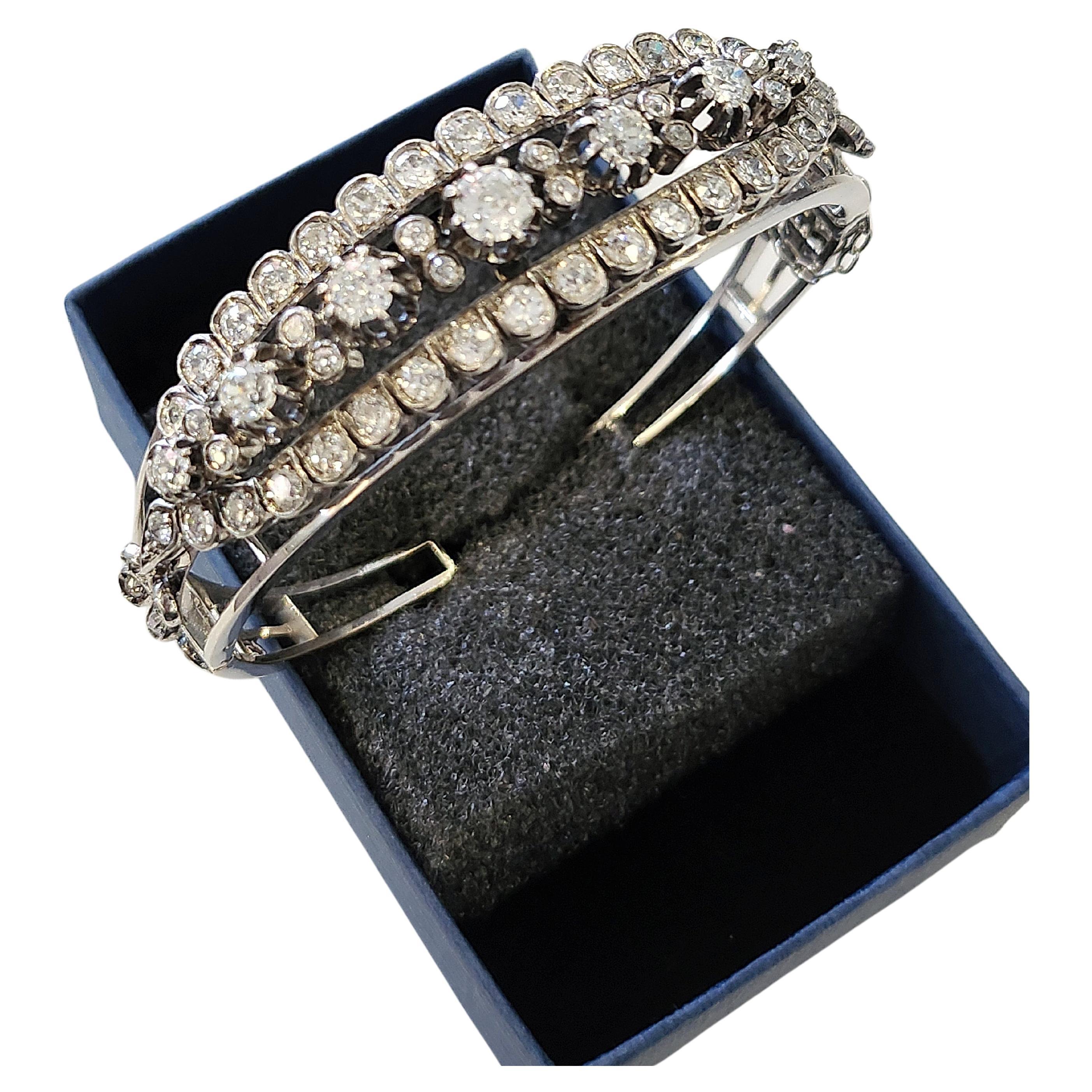 “Antique 14k White Gold Cuff Bracelet, 5 Carat Old Cut Diamonds” For Sale