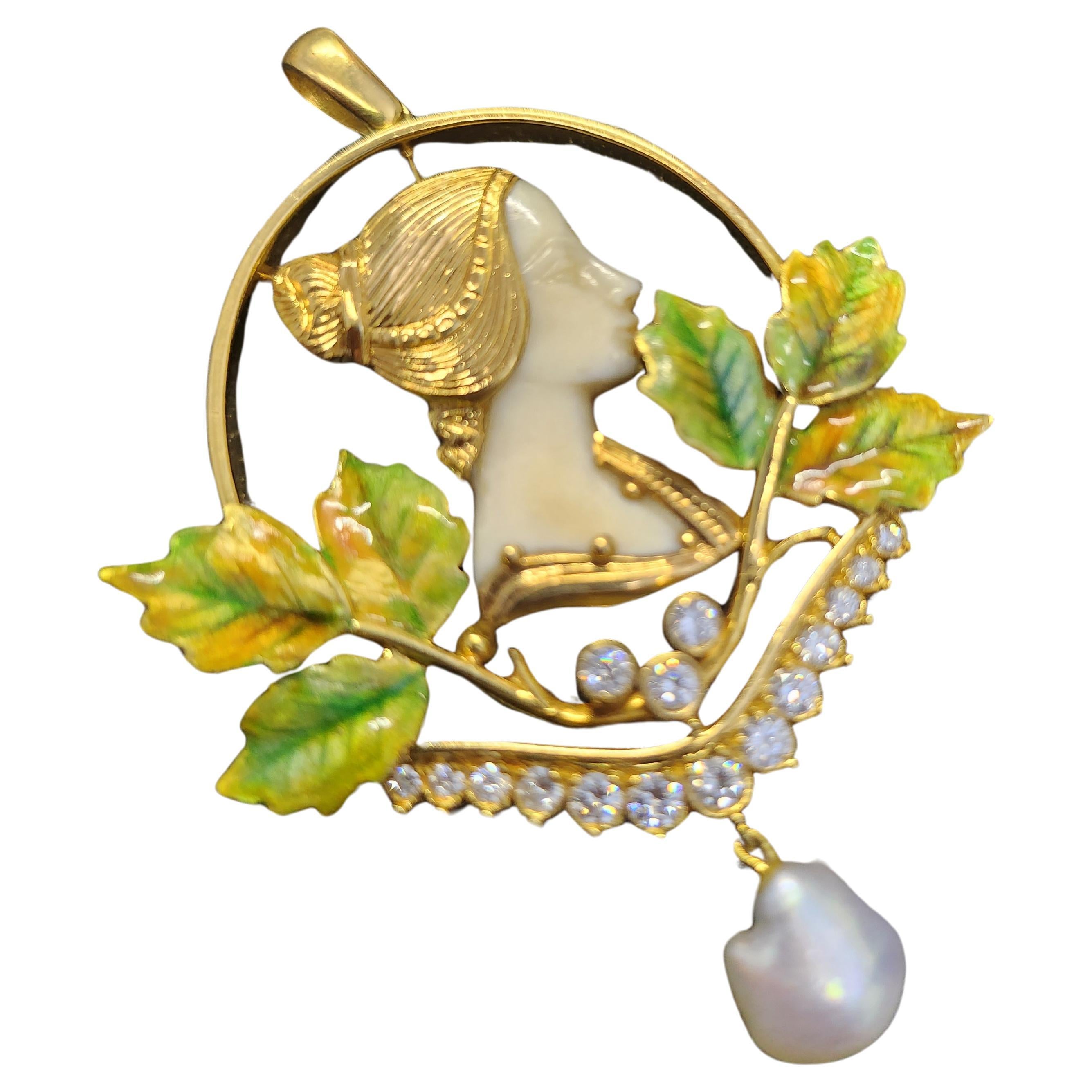 Antique Art Nouveau Diamond Enamel Pearl Gold Pendant For Sale