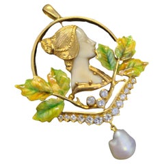 Antique Art Nouveau Diamond Enamel Pearl Gold Pendant