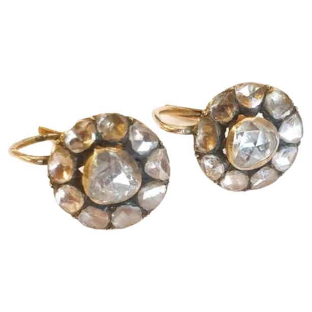 Boucles d'oreilles anciennes 1880s Victorian Rose Cut Diamond Gold Earrings en vente