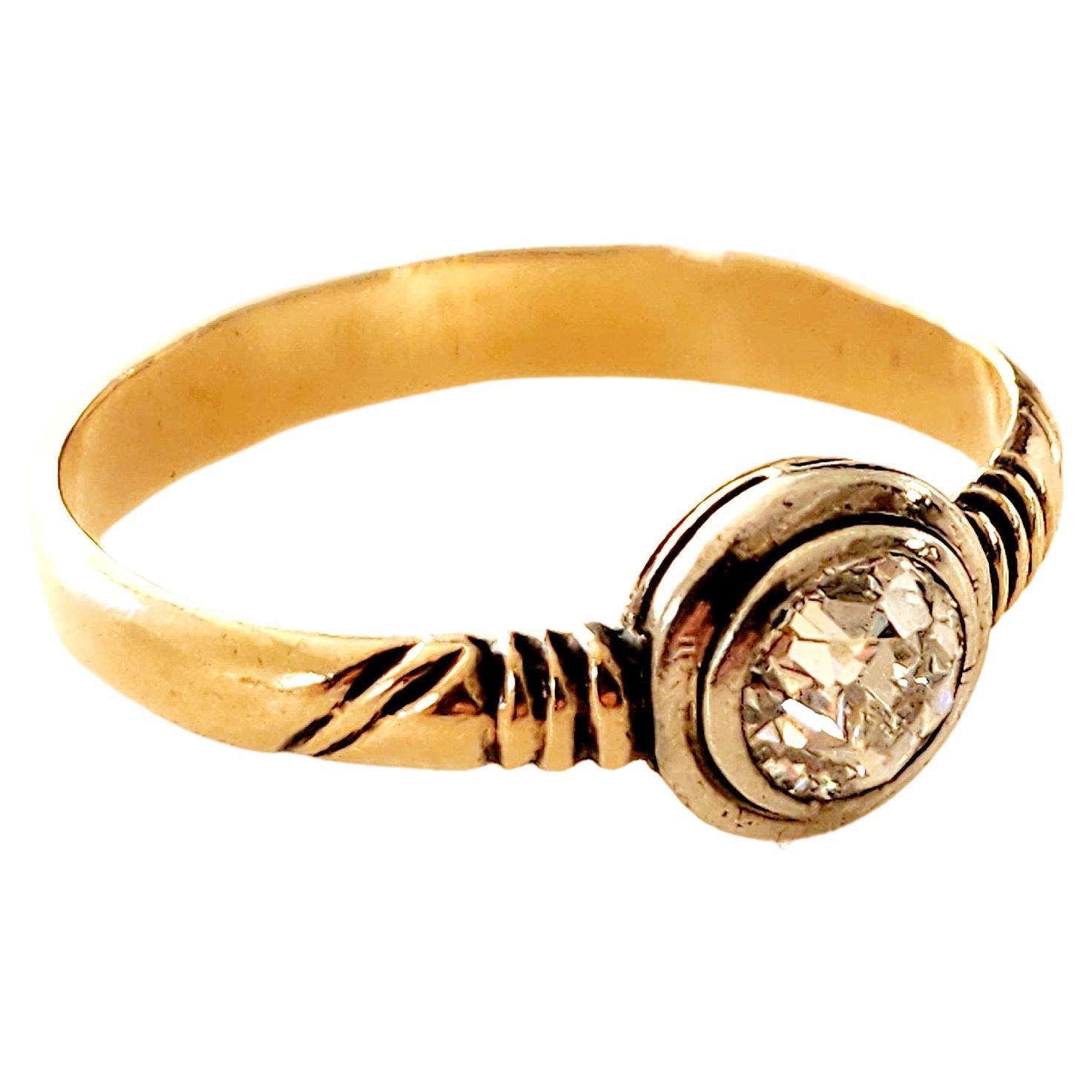 Antique Old Mine Cut Diamond Russian Gold Solitair Ring For Sale