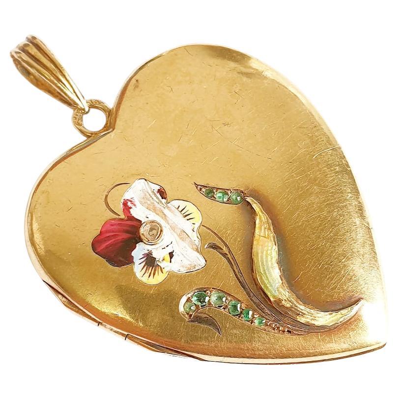 Antique Enamel Heart Locket Gold Pendant For Sale