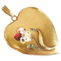Antique Enamel Heart Locket Gold Pendant