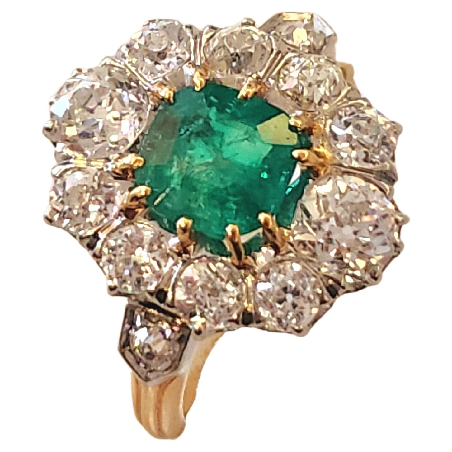 Antique French Emerald And Old Mine Cut Diamond Gold Ring For Sale