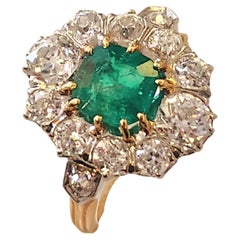 Antique French Emerald And Old Mine Cut Diamond Gold Ring