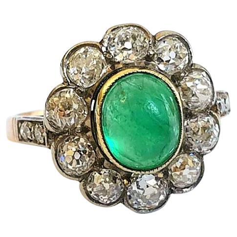 Antique Emerald And Old Mine Cut Diamond Gold Ring For Sale
