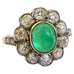 Antique Emerald And Old Mine Cut Diamond Gold Ring