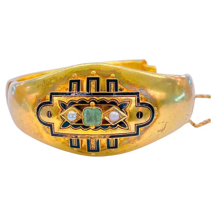 Antique Austro Hungerian Empire Emerald Gold Bangle Bracelet For Sale