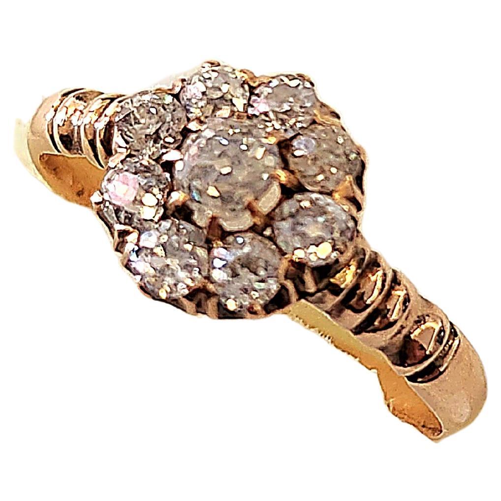 Antique 14k gold ring with old mine cut diamonds estimate weight of 1.20 ct and ring head diameter 9mm with detailed work on ring sides ring was made during the imperial russian era 1910.c hall marked 56 imperial russian gold standard and initial