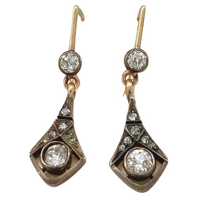 Antique Old Mine Cut Diamond Dangling Gold Earrings For Sale