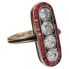Antique Ruby and Old Mine Cut Diamond Gold Ring