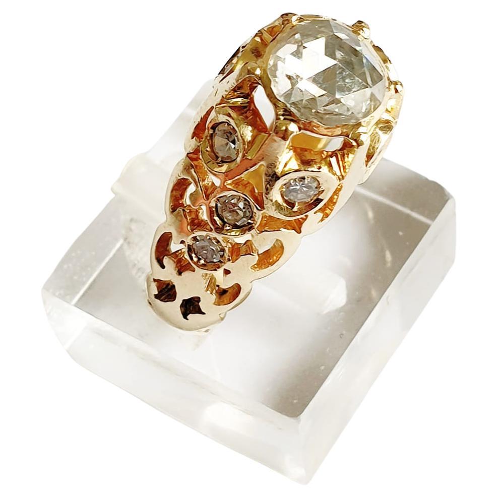 Women's or Men's Antique Rose Cut Diamond Gold Solitaire Ring For Sale
