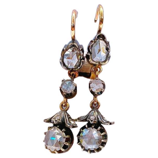  Rose Cut Diamond Dangling Gold Earrings For Sale