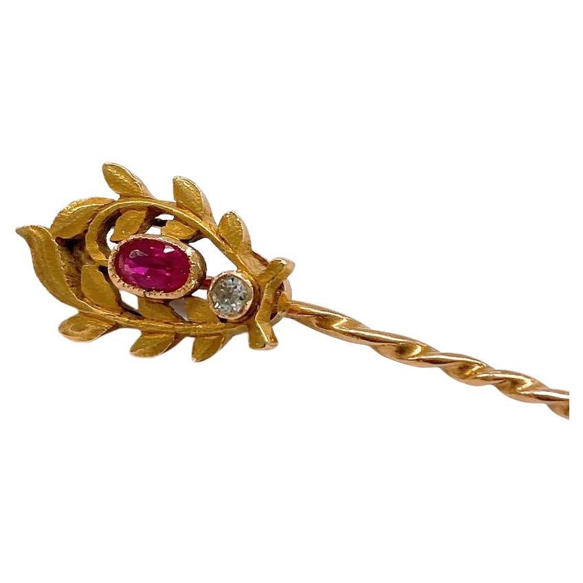 Antique Ruby And Diamond Russian Gold Pin For Sale