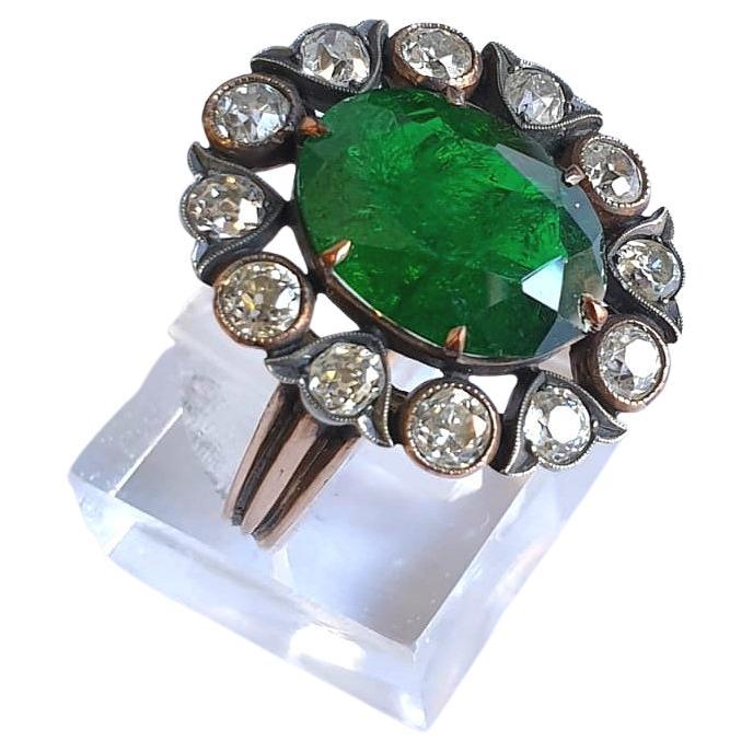 Antique Old Mine Cut Diamond and Green Chrome Diopside Gold Ring
