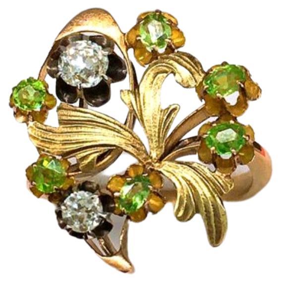 Antique Demantoid And Old Mine Cut Diamond Gold Ring