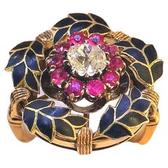 Vintage Diamond And Ruby Enamel Gold Ring