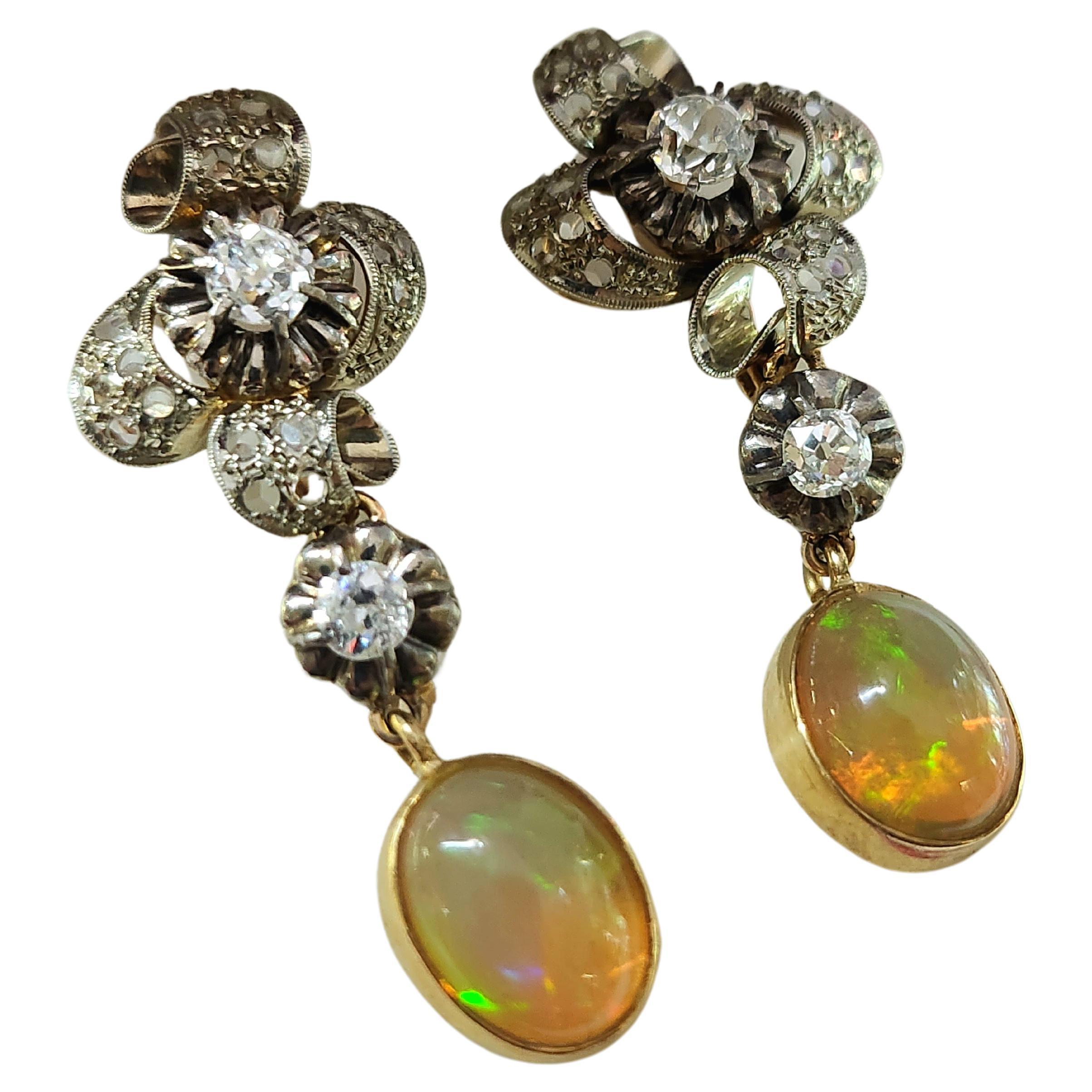 Antique Old Mine Cut Diamonds And Opal Earrings