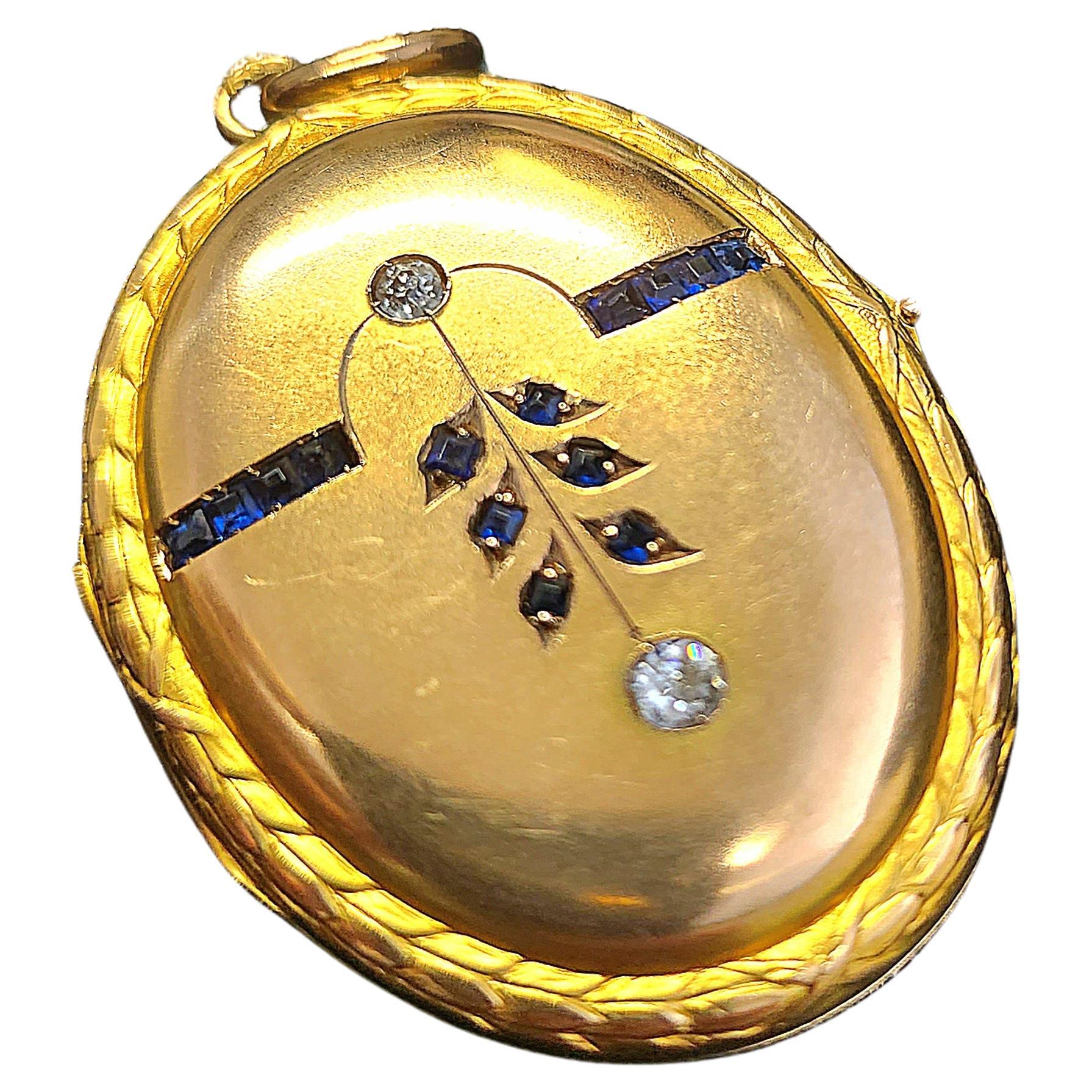 Antique Sapphire Gold Locket Pendant For Sale