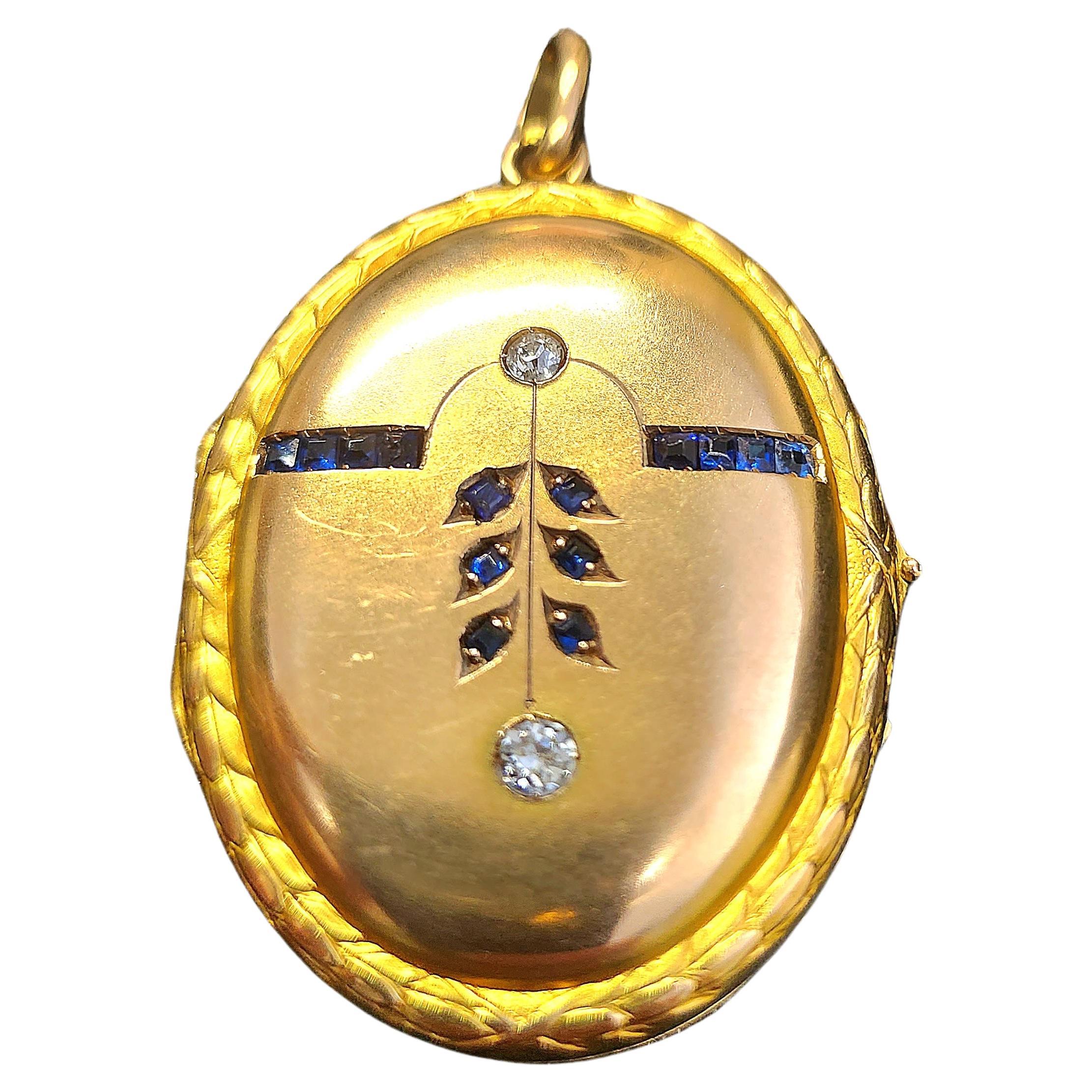 Women's Antique Sapphire Gold Locket Pendant For Sale