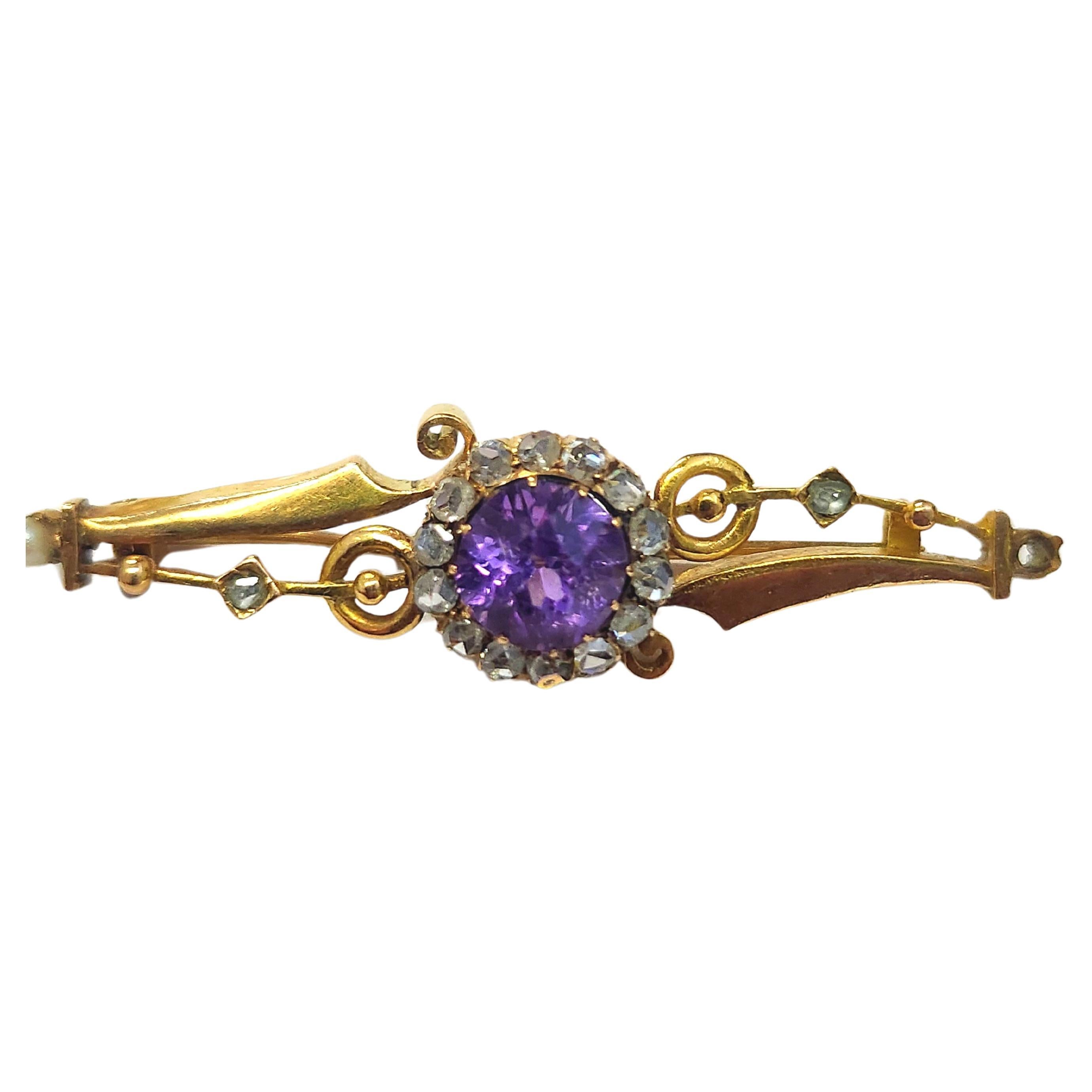 Antique Syberian Amethyst Russian Gold Brooch For Sale