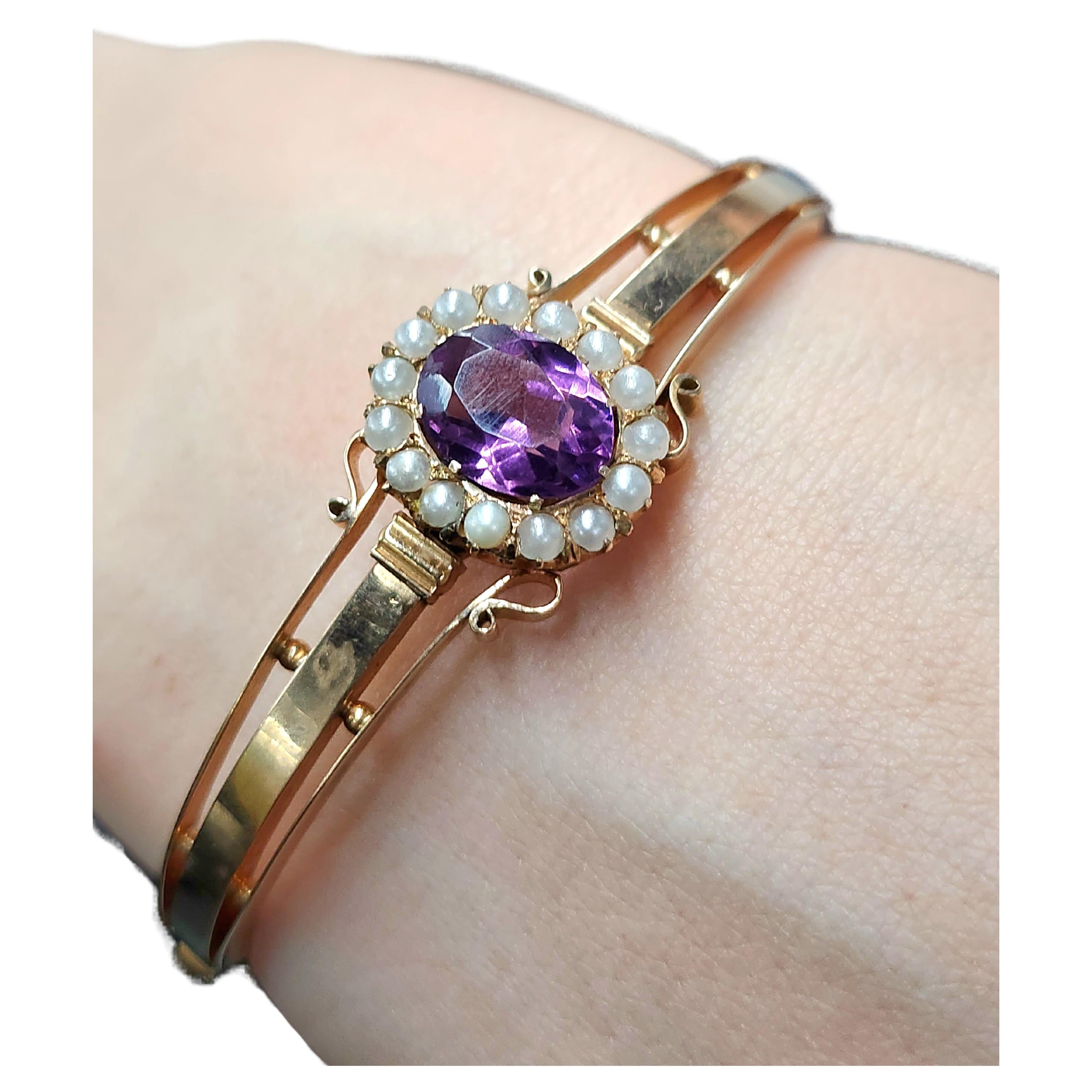Antique Russian Amethyst And Pearls Gold Bangle