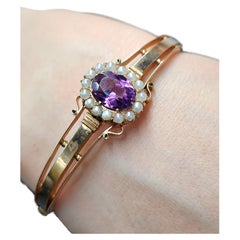 Antique Russian Amethyst And Pearls Gold Bangle