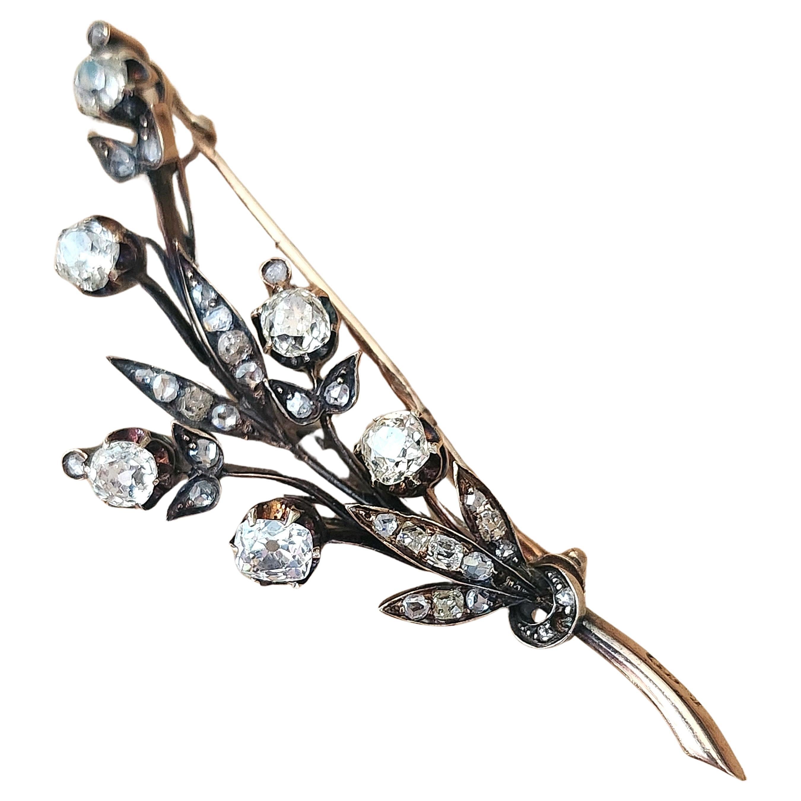 “Antique Russian 14k Gold Brooch, 2ct Old Mine Cut Diamonds, Circa 1880”