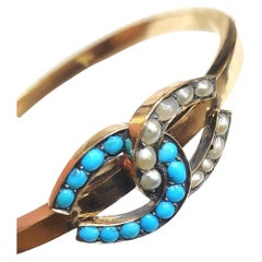 “Antique 14k Gold Horseshoe Bracelet with Turquoise and Pearls, 1880”