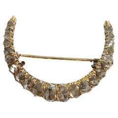 Victorian 3 Carat Rose Cut Diamond Crescent Gold Brooch