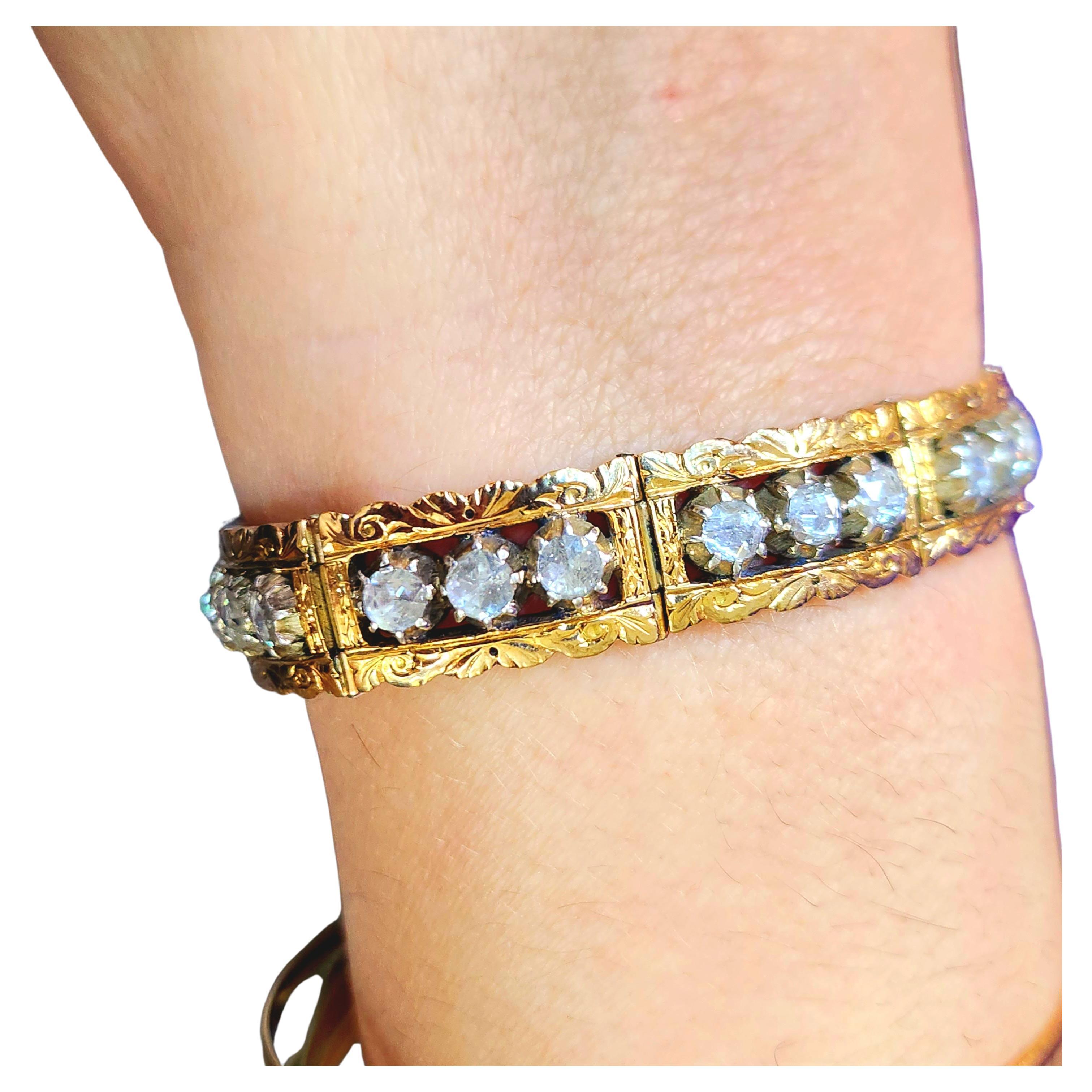 Antique victorian era 1880s link bracelet in 14k gold topped with silver prongs and rose cut diamonds with an estimate weight of 2 carats in engraved detailed work bracelt lenght 20cm total weight 49 grams