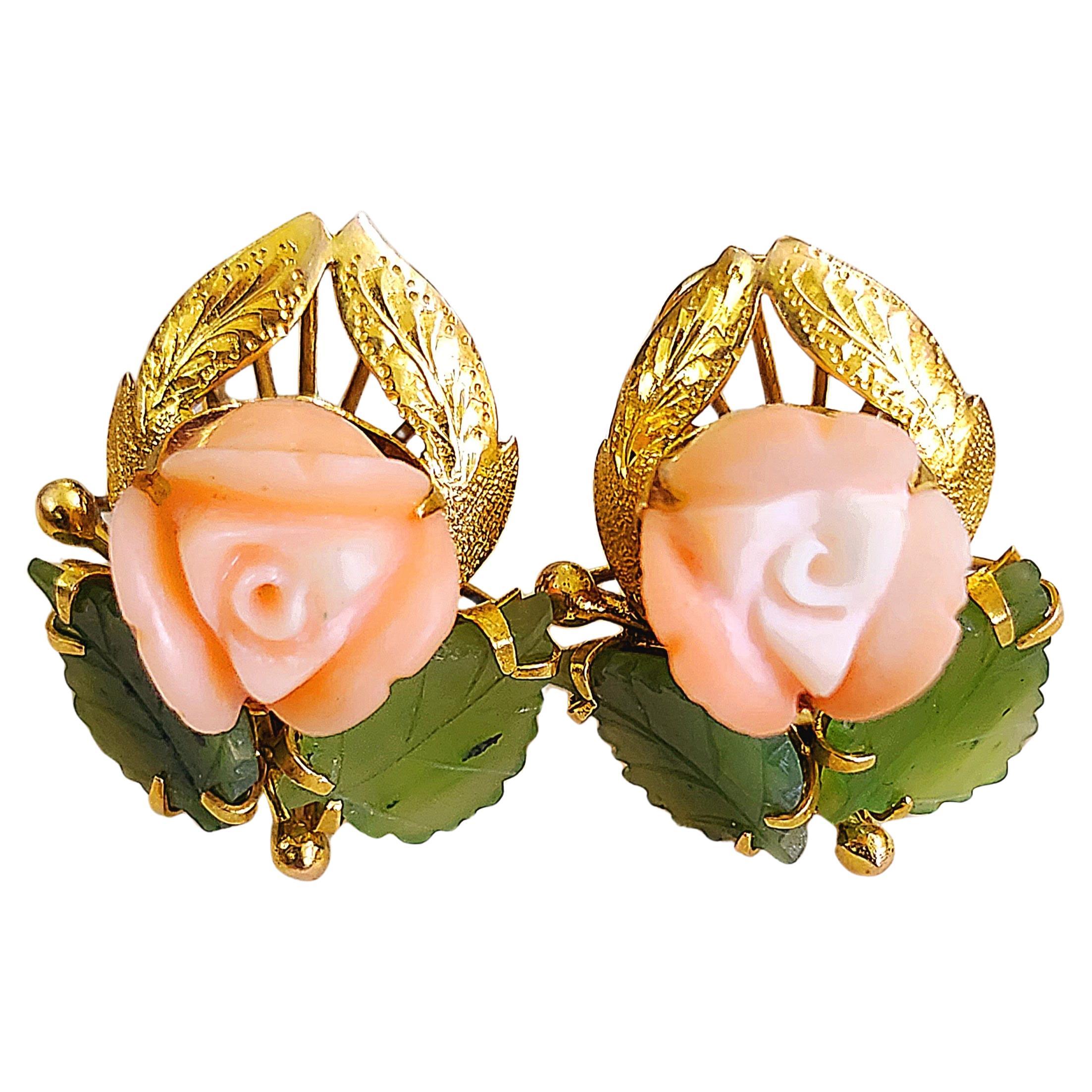 Vintage original 1940s era fine crafted large flower design earrings centered with natural carved coral and jade stones in 14k gold standard with back clips hall marked 14k earrings lenght 2.3cm
